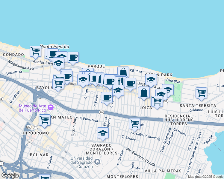 map of restaurants, bars, coffee shops, grocery stores, and more near in San Juan