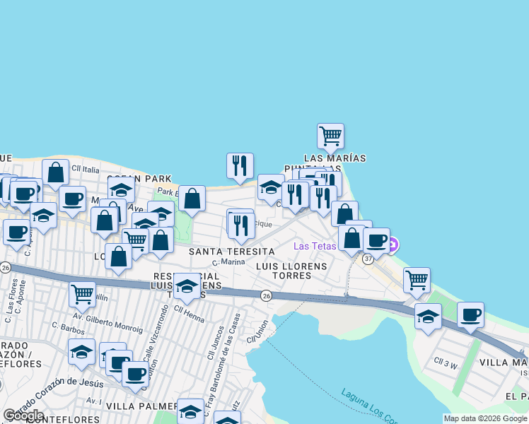 map of restaurants, bars, coffee shops, grocery stores, and more near 2306 Calle Laurel in San Juan