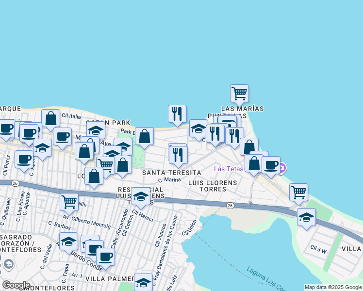 map of restaurants, bars, coffee shops, grocery stores, and more near 2200-2224 Calle General Patton in San Juan
