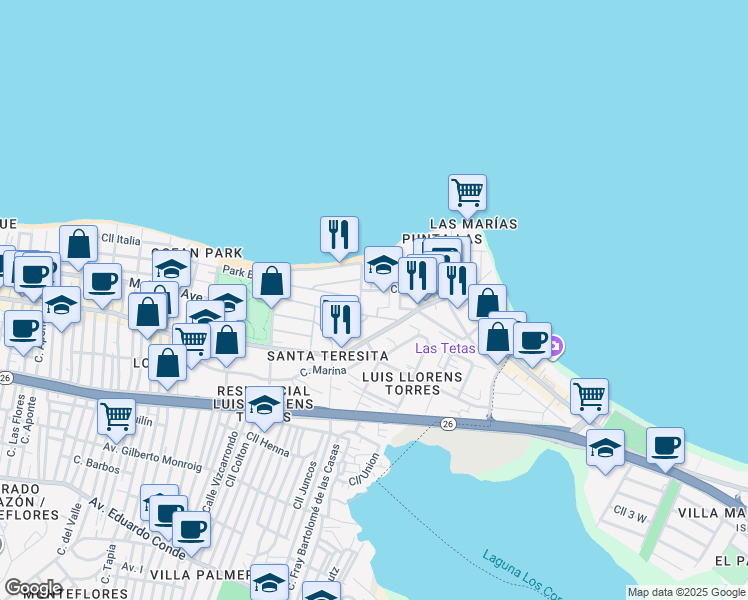 map of restaurants, bars, coffee shops, grocery stores, and more near 2306 Calle Laurel in San Juan