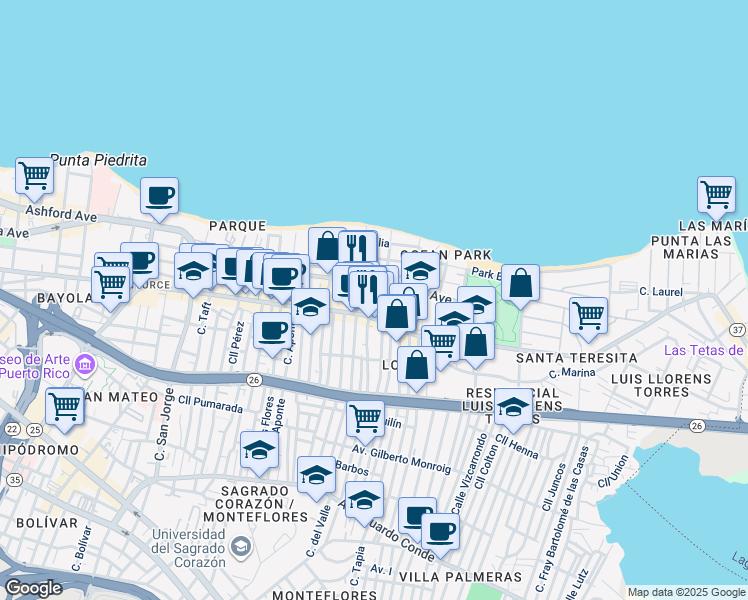 map of restaurants, bars, coffee shops, grocery stores, and more near 59 Calle Calma in San Juan