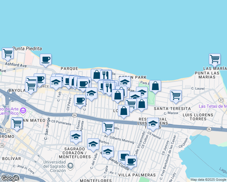 map of restaurants, bars, coffee shops, grocery stores, and more near 59 Calle Calma in San Juan