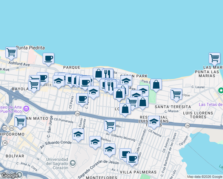 map of restaurants, bars, coffee shops, grocery stores, and more near 59 Calle Calma in San Juan