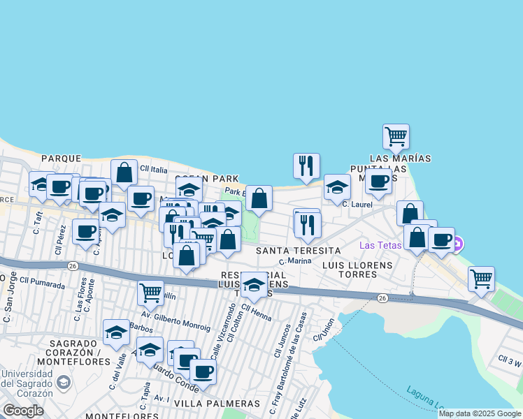 map of restaurants, bars, coffee shops, grocery stores, and more near 2153 Calle Cacique in San Juan