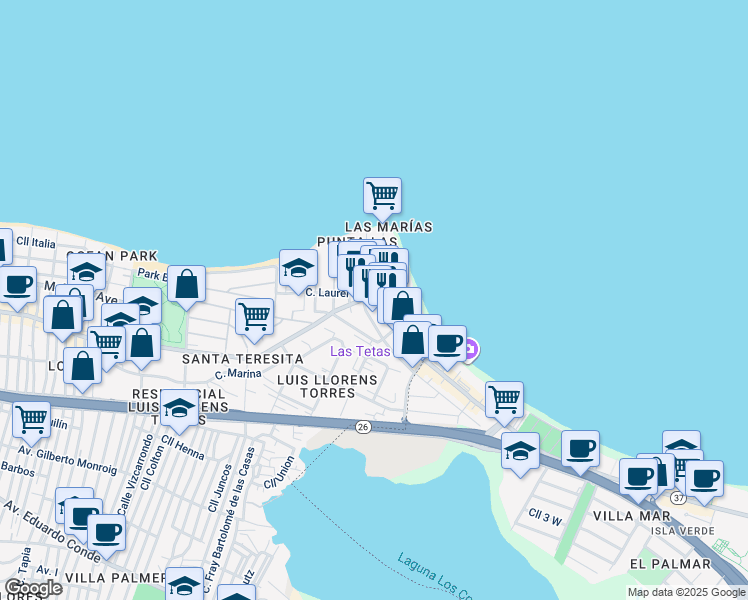 map of restaurants, bars, coffee shops, grocery stores, and more near 117 Calle Doncella in San Juan