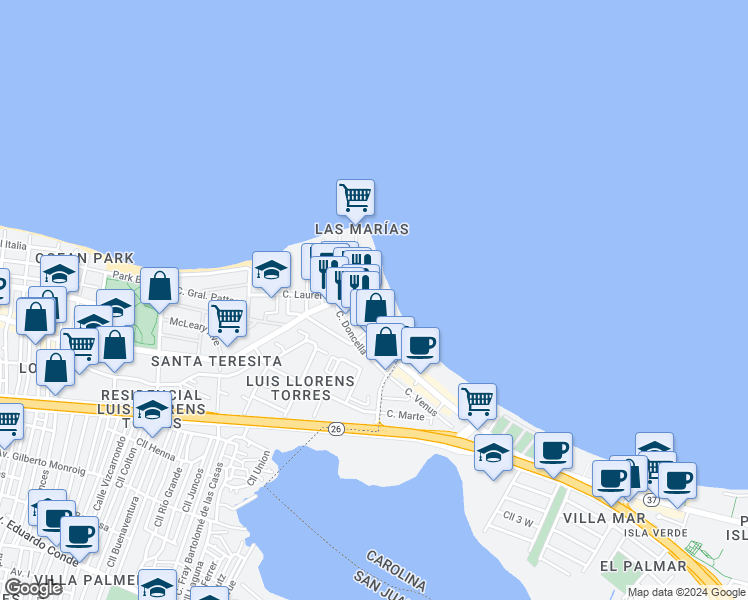 map of restaurants, bars, coffee shops, grocery stores, and more near 109-117 Calle Doncella in San Juan