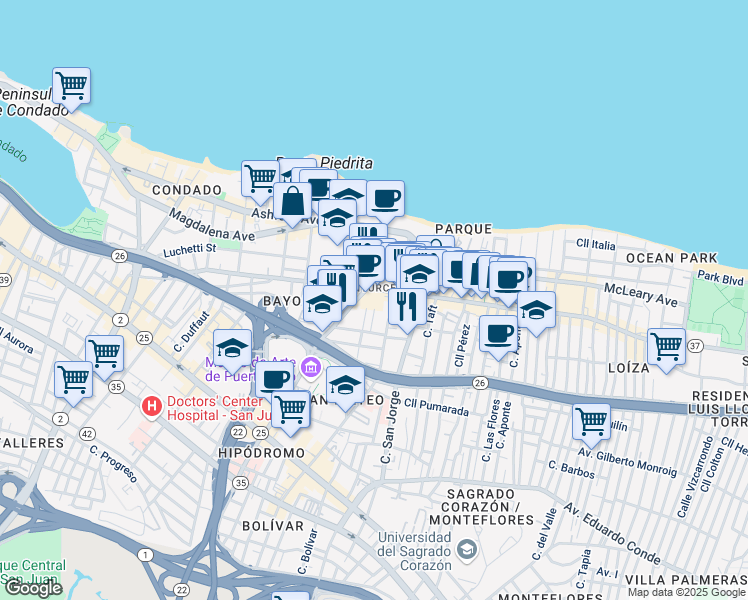 map of restaurants, bars, coffee shops, grocery stores, and more near 107-115 Calle Del Parque in San Juan