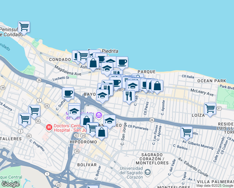 map of restaurants, bars, coffee shops, grocery stores, and more near in San Juan
