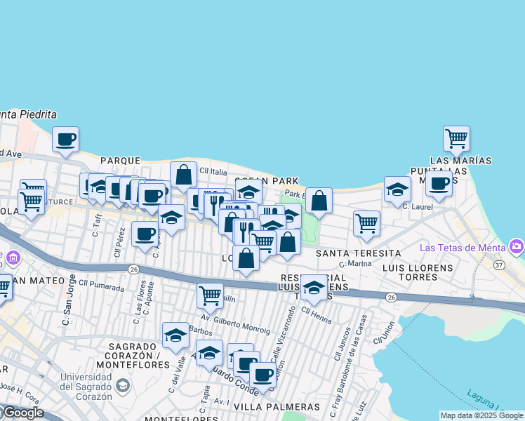 map of restaurants, bars, coffee shops, grocery stores, and more near 45 Calle Rampla Del Almirante in San Juan