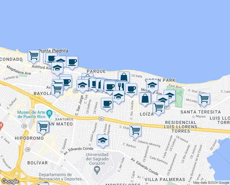 map of restaurants, bars, coffee shops, grocery stores, and more near in San Juan