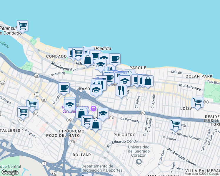 map of restaurants, bars, coffee shops, grocery stores, and more near in San Juan