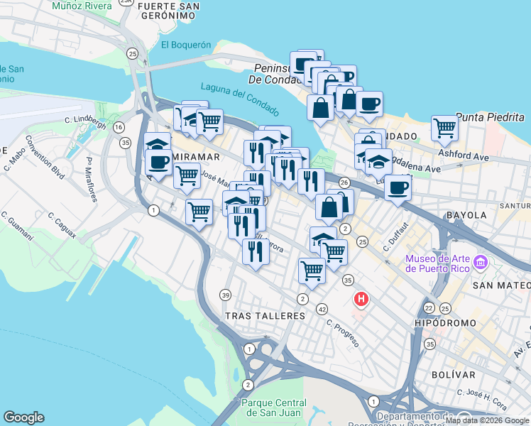 map of restaurants, bars, coffee shops, grocery stores, and more near 608-630 Cll Ernesto Cerra in San Juan