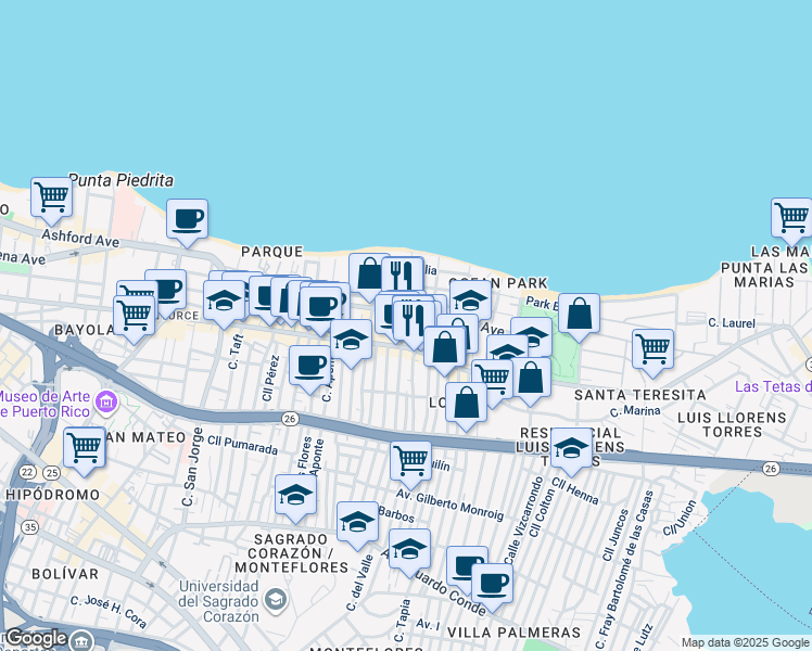 map of restaurants, bars, coffee shops, grocery stores, and more near 61 Calle Santa Cecilia in San Juan