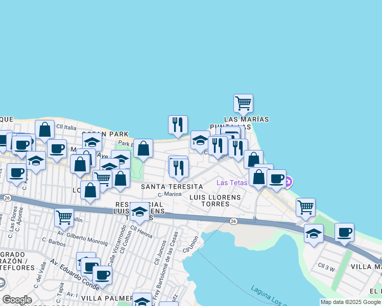 map of restaurants, bars, coffee shops, grocery stores, and more near 2306 Calle Laurel in San Juan