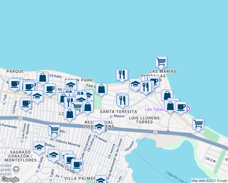 map of restaurants, bars, coffee shops, grocery stores, and more near 2153-2201 Calle Cacique in San Juan
