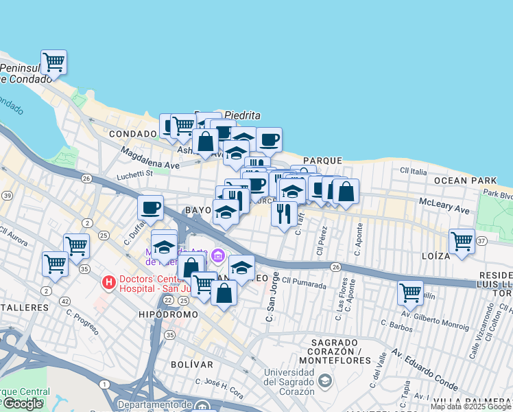map of restaurants, bars, coffee shops, grocery stores, and more near in San Juan