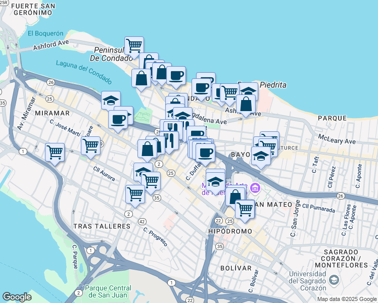 map of restaurants, bars, coffee shops, grocery stores, and more near in San Juan
