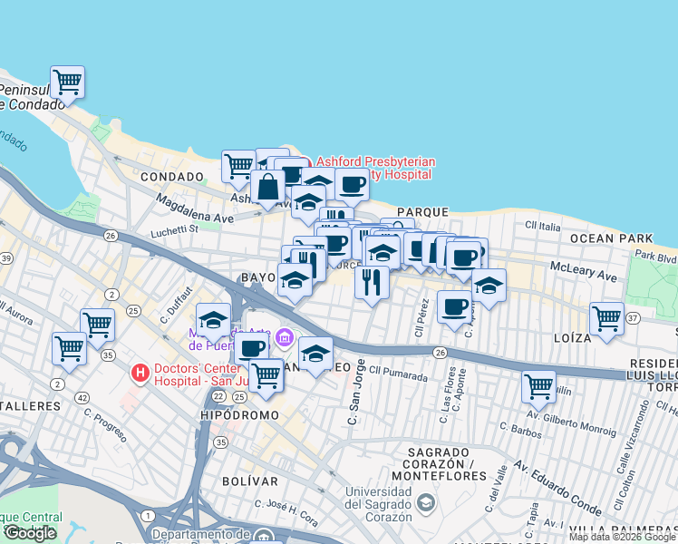 map of restaurants, bars, coffee shops, grocery stores, and more near 107-115 Calle Del Parque in San Juan