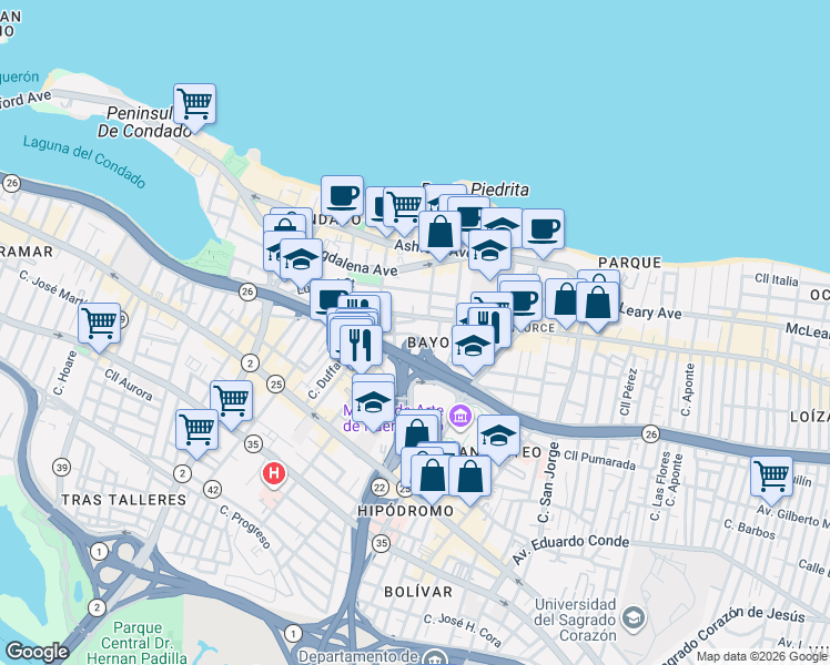 map of restaurants, bars, coffee shops, grocery stores, and more near 1401-1419 Calle Estrella in San Juan