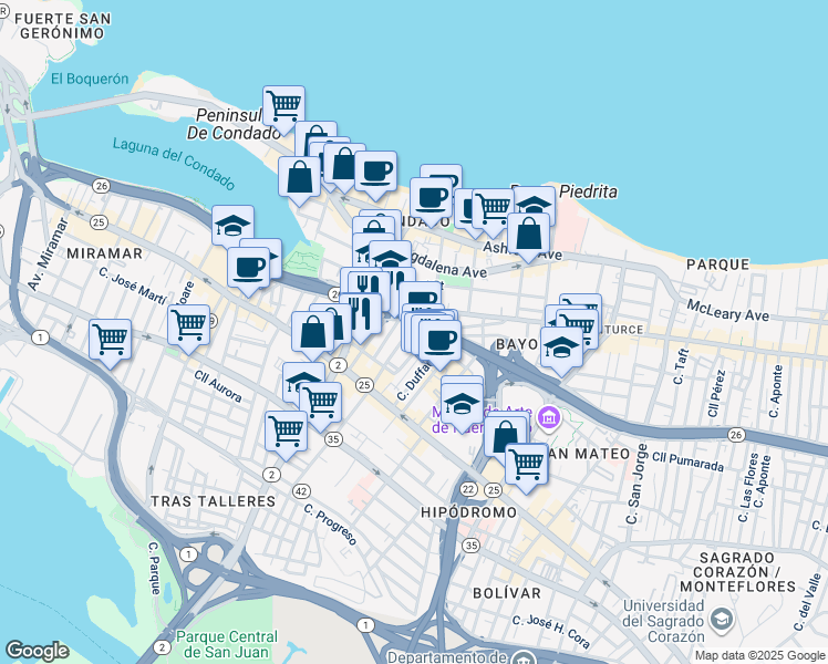 map of restaurants, bars, coffee shops, grocery stores, and more near in San Juan