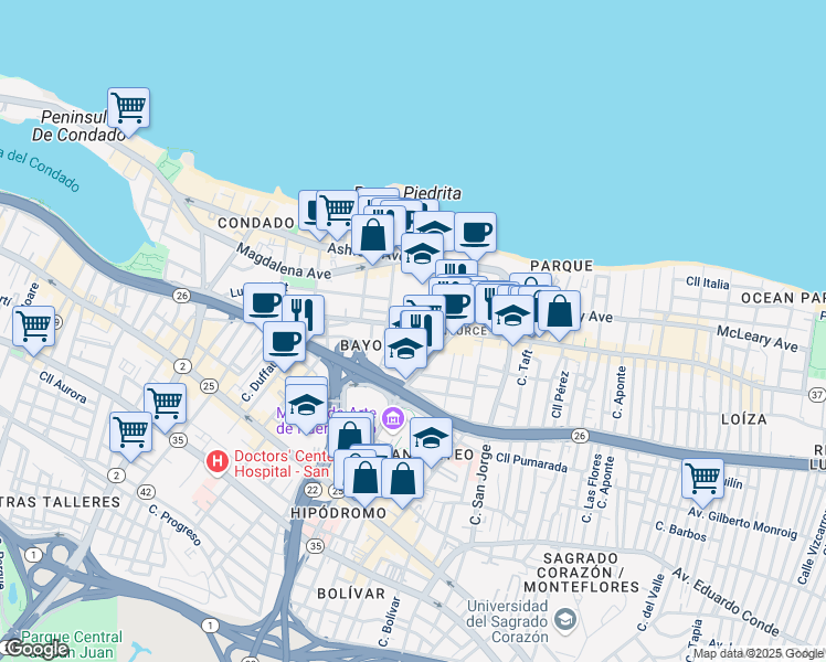 map of restaurants, bars, coffee shops, grocery stores, and more near in San Juan