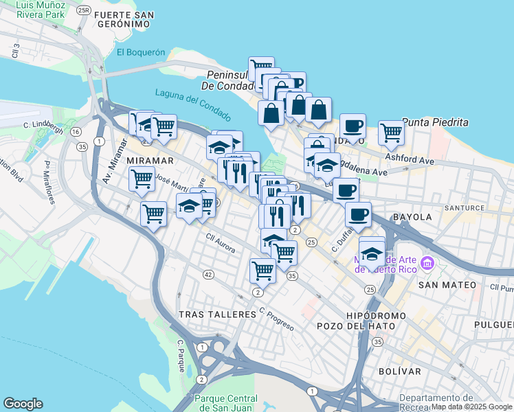 map of restaurants, bars, coffee shops, grocery stores, and more near 1064 Avenida de la Constitución in San Juan