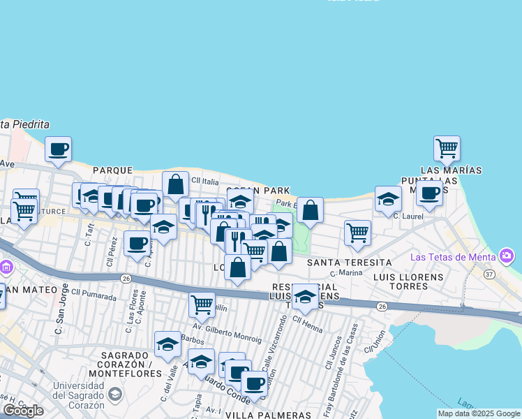 map of restaurants, bars, coffee shops, grocery stores, and more near 45-57 Calle Rampla Del Almirante in San Juan