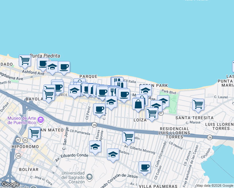 map of restaurants, bars, coffee shops, grocery stores, and more near in San Juan