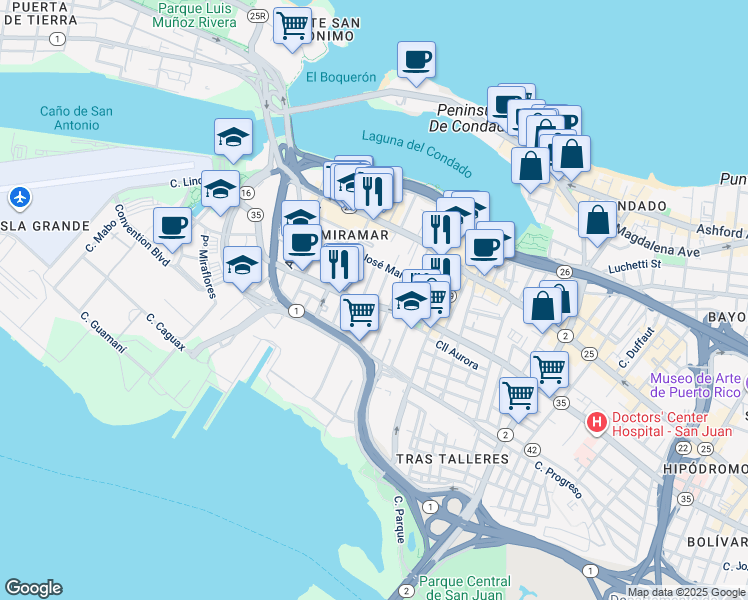 map of restaurants, bars, coffee shops, grocery stores, and more near Puerto Rico 35 in San Juan