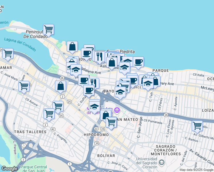 map of restaurants, bars, coffee shops, grocery stores, and more near 72 Calle Manuel Rodríguez Serra in San Juan