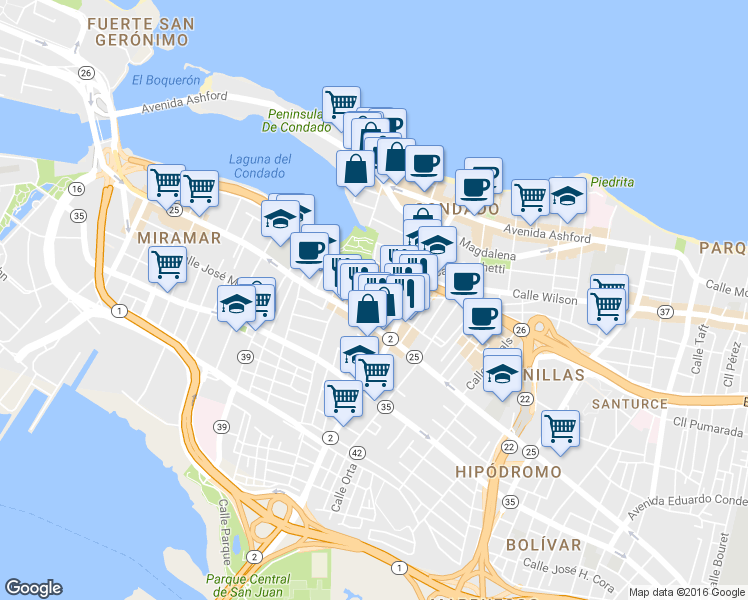 map of restaurants, bars, coffee shops, grocery stores, and more near 200 Calle Jesús Tizol in San Juan