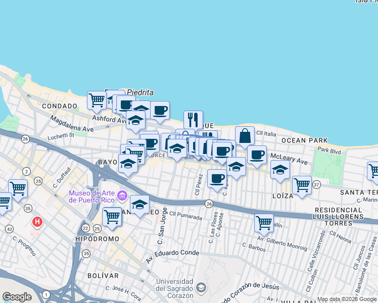 map of restaurants, bars, coffee shops, grocery stores, and more near in San Juan