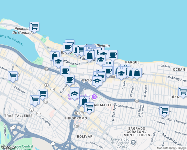 map of restaurants, bars, coffee shops, grocery stores, and more near 66-70 Calle Placid Court 1 in San Juan