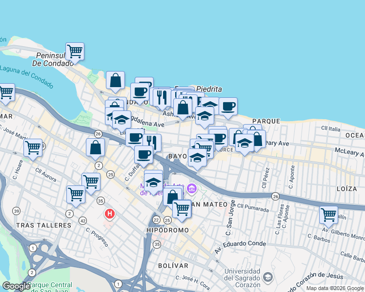 map of restaurants, bars, coffee shops, grocery stores, and more near 72 Calle Manuel Rodríguez Serra in San Juan