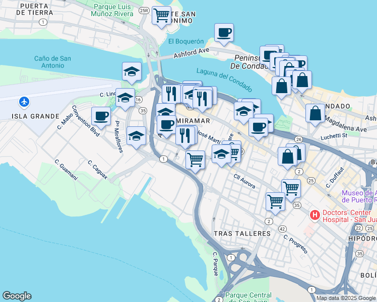 map of restaurants, bars, coffee shops, grocery stores, and more near 705 Calle Estado in San Juan