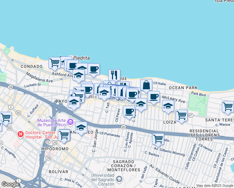 map of restaurants, bars, coffee shops, grocery stores, and more near in San Juan