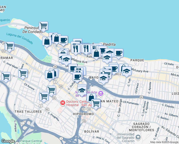 map of restaurants, bars, coffee shops, grocery stores, and more near 84-86 Calle Cervantes in San Juan