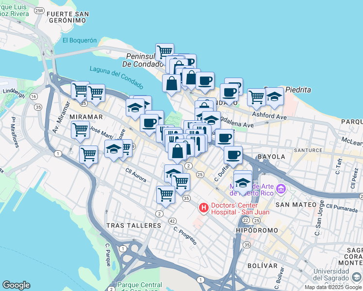 map of restaurants, bars, coffee shops, grocery stores, and more near Cll Soledad in San Juan