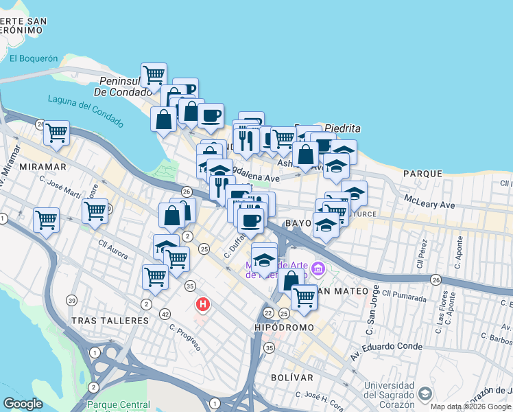 map of restaurants, bars, coffee shops, grocery stores, and more near in San Juan