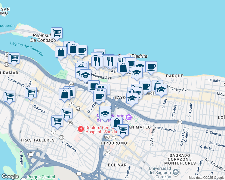 map of restaurants, bars, coffee shops, grocery stores, and more near 84-86 Calle Cervantes in San Juan