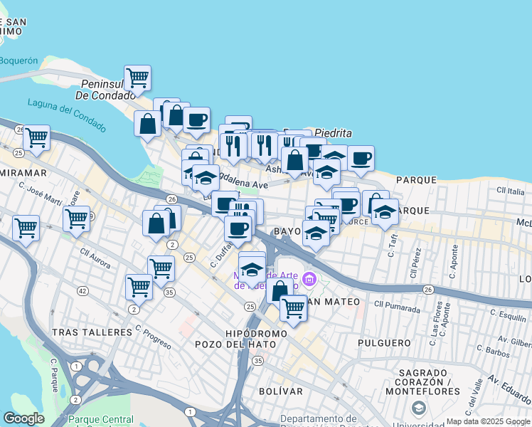 map of restaurants, bars, coffee shops, grocery stores, and more near 84-86 Calle Cervantes in San Juan