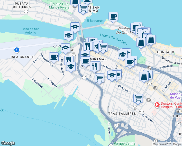map of restaurants, bars, coffee shops, grocery stores, and more near 710 Avenue Fernandez Juncos in San Juan