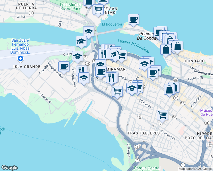 map of restaurants, bars, coffee shops, grocery stores, and more near 710 Avenue Fernandez Juncos in San Juan