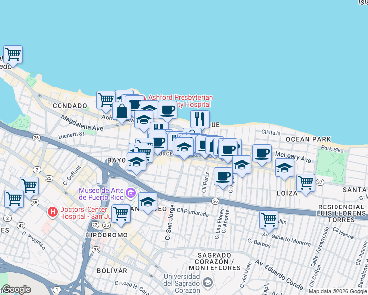 map of restaurants, bars, coffee shops, grocery stores, and more near 70 Calle Kings Court in San Juan