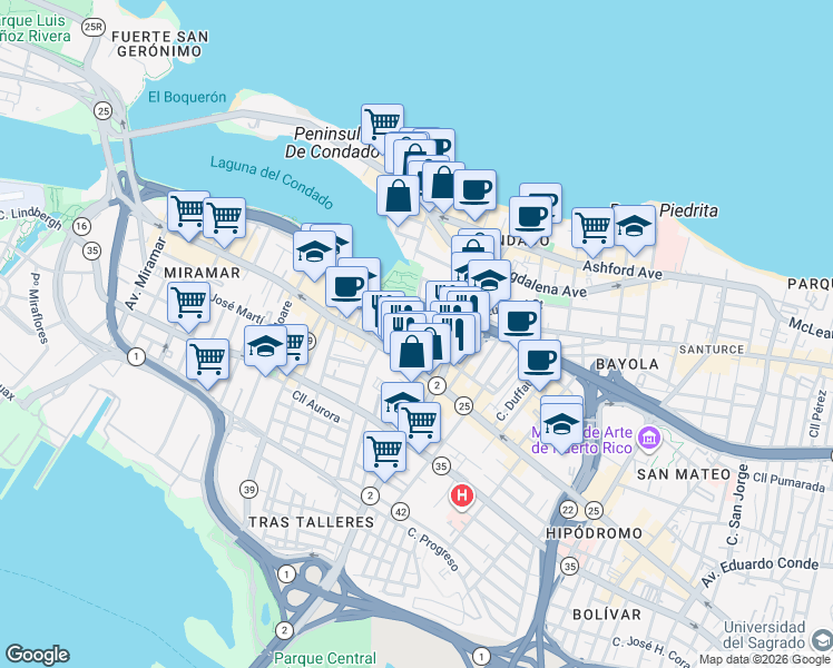 map of restaurants, bars, coffee shops, grocery stores, and more near Cll Soledad in San Juan