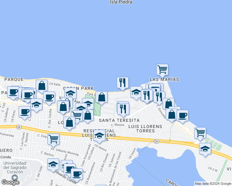 map of restaurants, bars, coffee shops, grocery stores, and more near 2212 Calle Park Boulevard in San Juan
