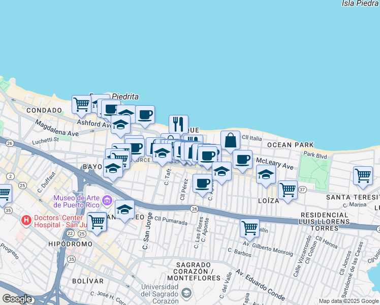 map of restaurants, bars, coffee shops, grocery stores, and more near in San Juan