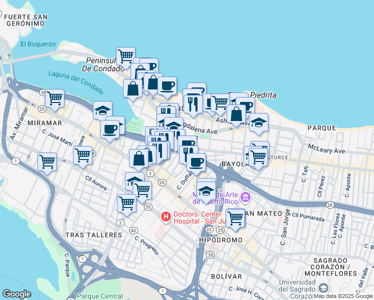 map of restaurants, bars, coffee shops, grocery stores, and more near in San Juan