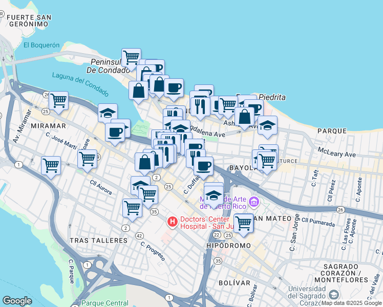 map of restaurants, bars, coffee shops, grocery stores, and more near in San Juan