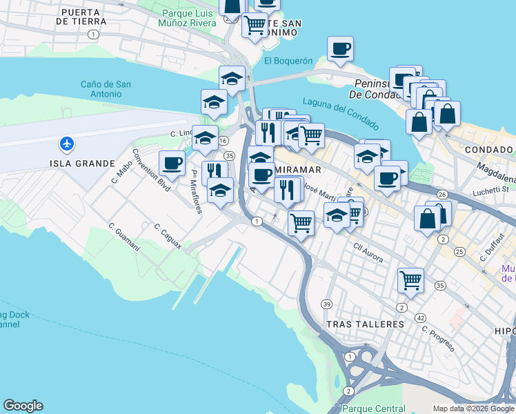 map of restaurants, bars, coffee shops, grocery stores, and more near 710 Avenue Fernandez Juncos in San Juan